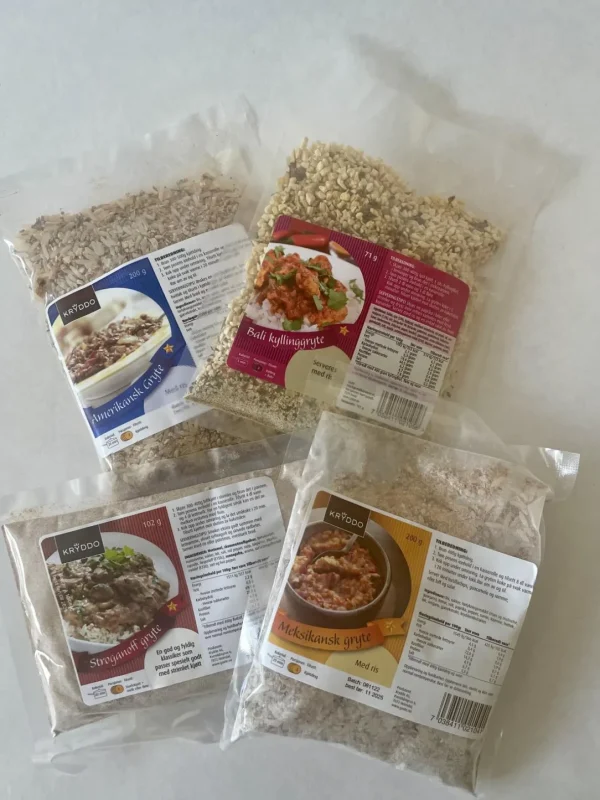 Gryteretter 4 stk. Meksikansk, amerikansk, stroganoff og Bali kyllinggryte