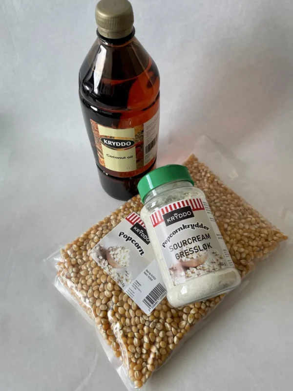 Popcorn med sourcream/gressløk-krydder og kokosolje